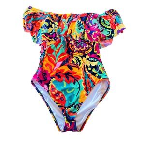 Tahari Womens Floral Paisley Ruffle Off The Shoulder One Piece Swimsuit Large